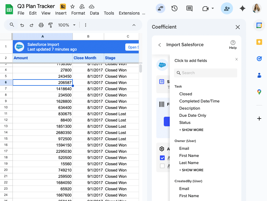 custom report type Activities from Salesforce in Google Sheets or Excel
