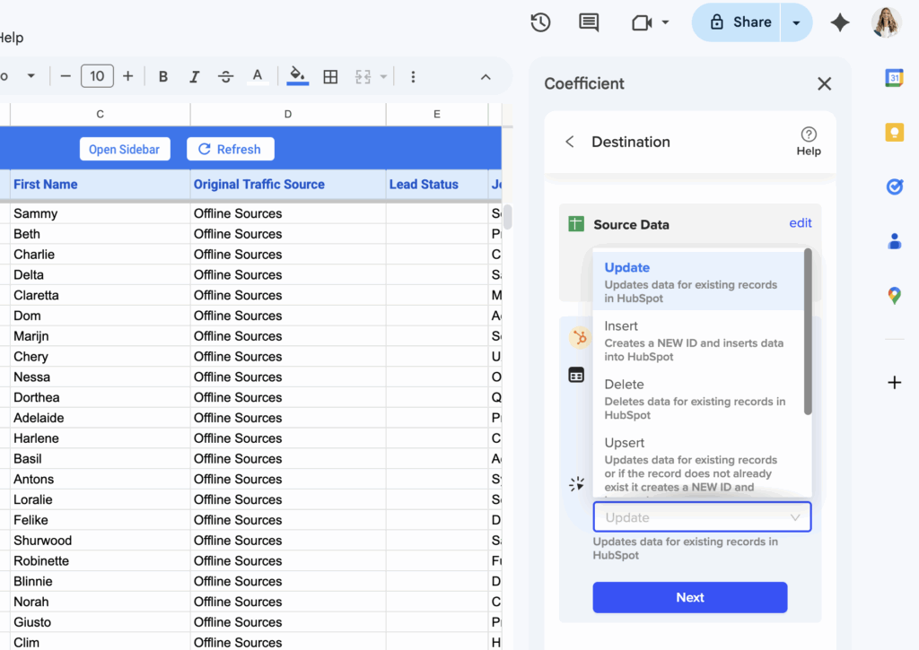 export configuration for hubspot to google sheets