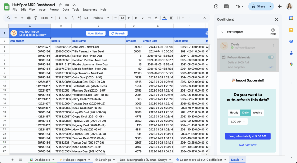 auto refresh data for hubspot mrr waterfall chart