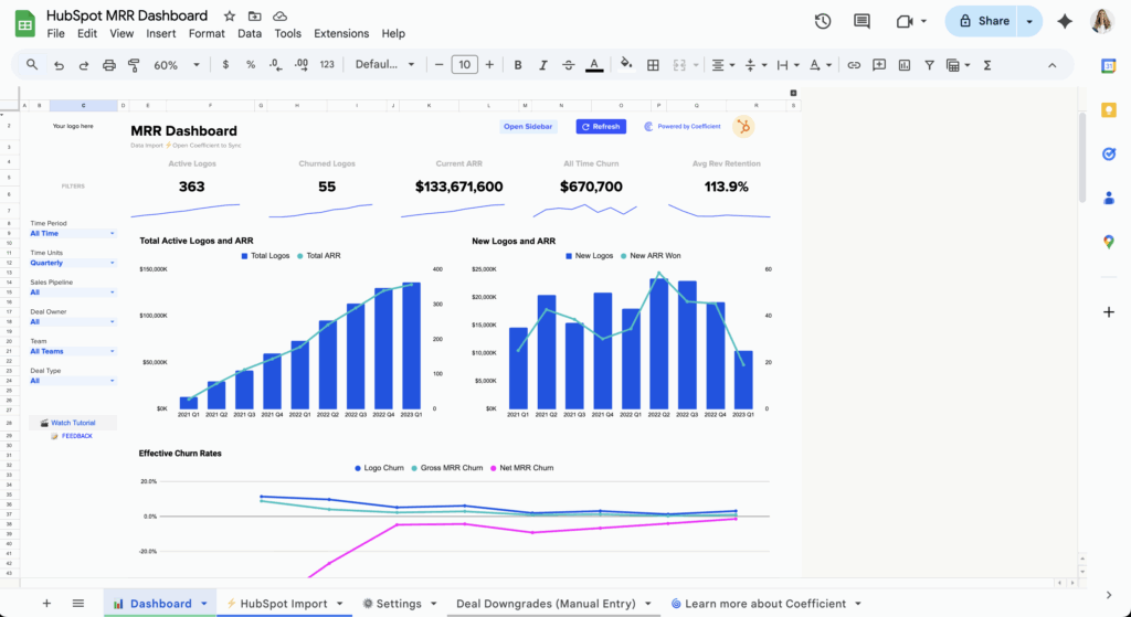 hubspot mrr dashboard powered by coefficient