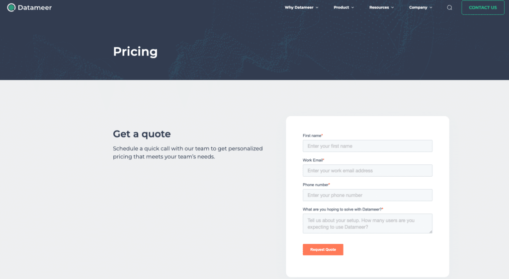 Datameer Pricing Page screenshot