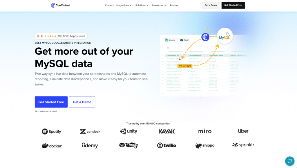 mysql data integration - coefficient 2 way sync to google sheets or excel