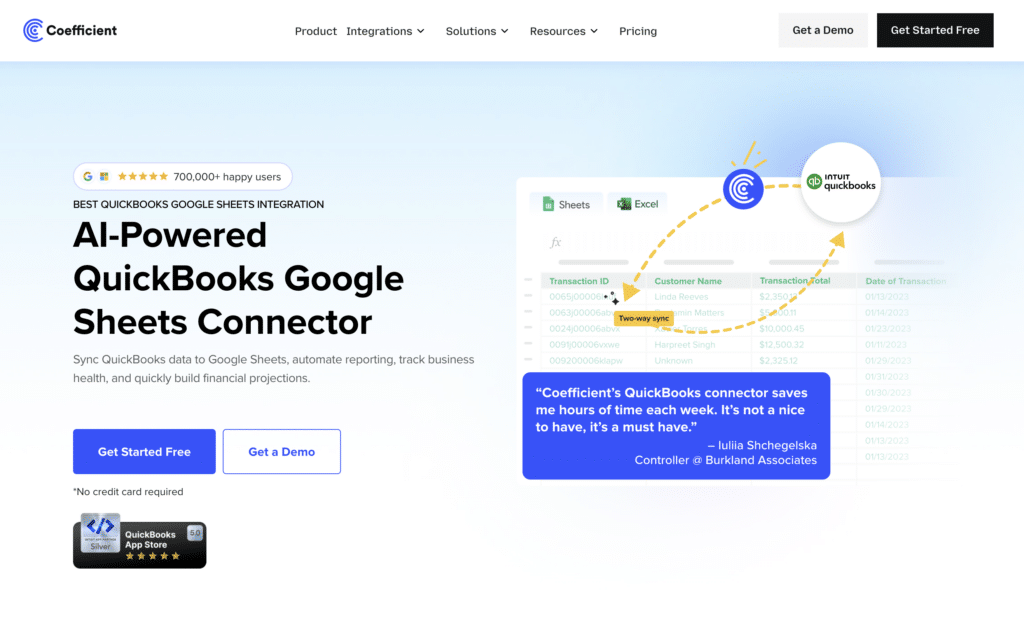 quickbooks data integration - coefficient google sheets excel