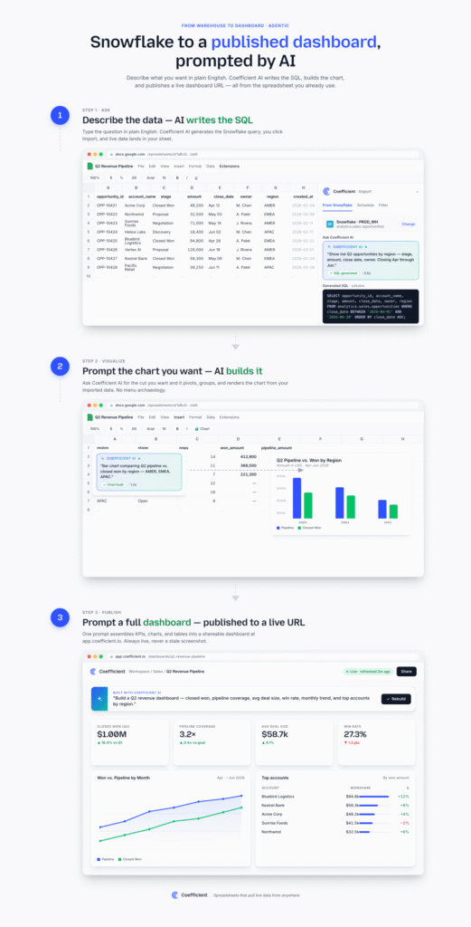 Coefficient connecting Snowflake to Google Sheets and publishing the result as a live web dashboard.