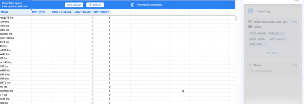 Importing Snowflake Semantic Data to Google Sheets using Coefficient Import feature