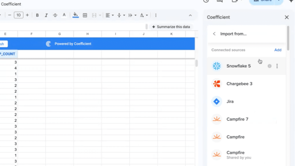Choosing Snowflake as data source in Coefficient Data Connector
