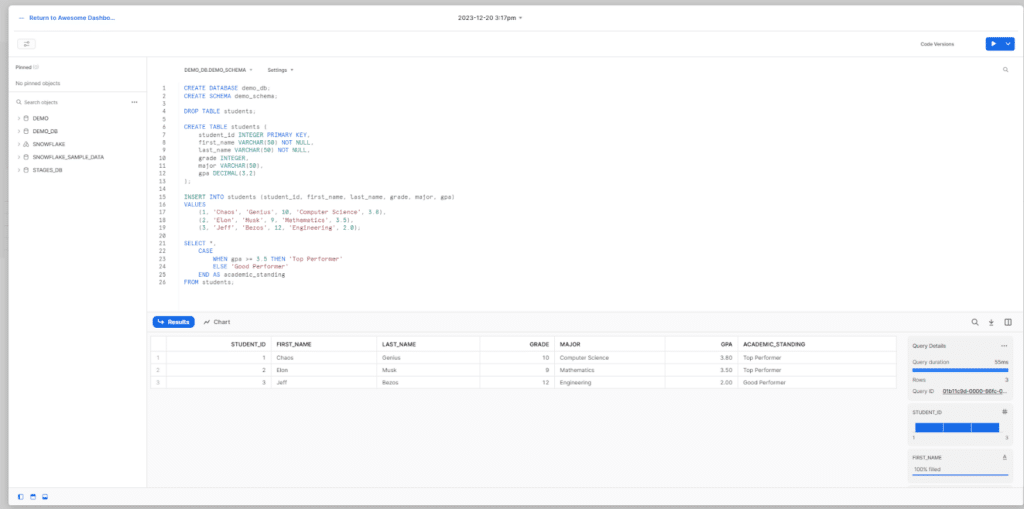 Snowsight Catalog interface showing databases, schemas, and tables with column-level detail.