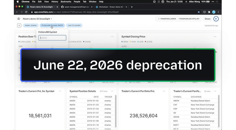 Snowsight Legacy Dashboards interface with the June 22, 2026 deprecation date highlighted