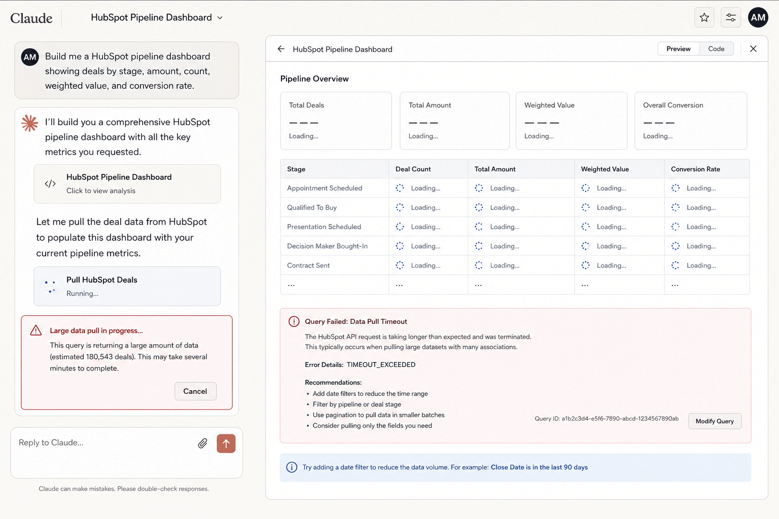 Claude attempting a HubSpot pipeline dashboard and stalling on a large pull, showing a partial or erroring table.